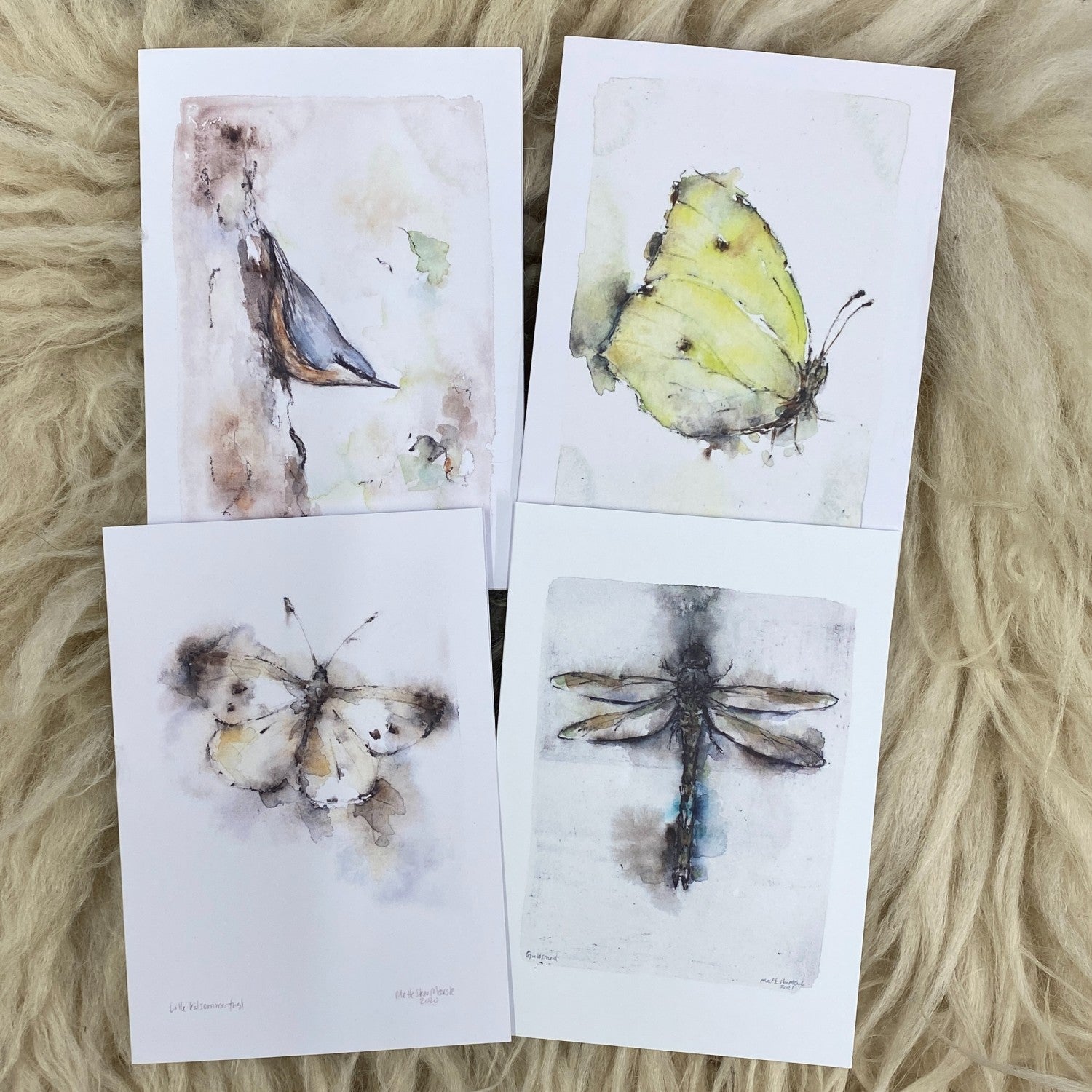 Kunstkort med guldsmed, fugl og sommerfugle