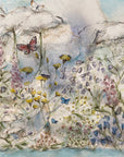 Akvarel med blomster, sommerfugle, bier, humlebier på let blå baggrund.
